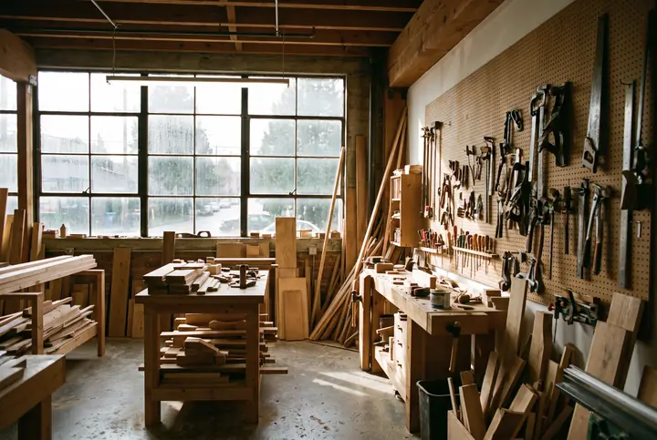 A small woodworking workshop with hand tools on a pegboard and daylight through industrial windows.