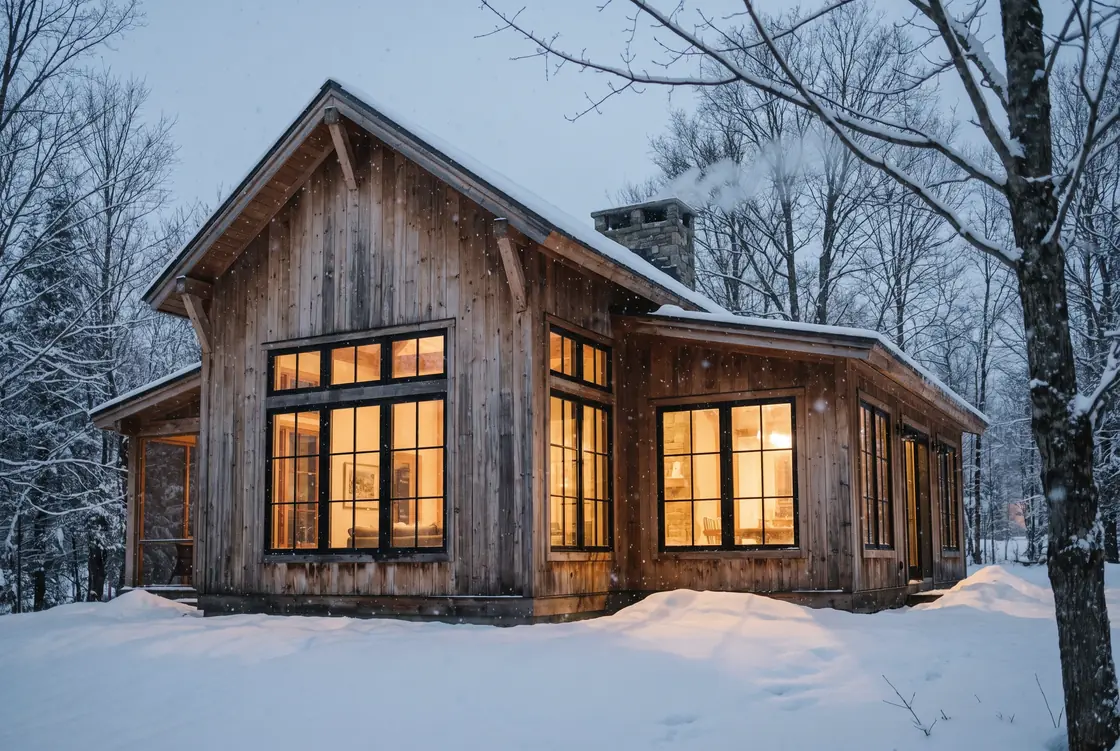 A timber-framed Canadian house at dusk in light falling snow, its windows lit.