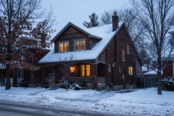 A brick and timber Canadian house at twilight with snow on the roof and warm lit windows.