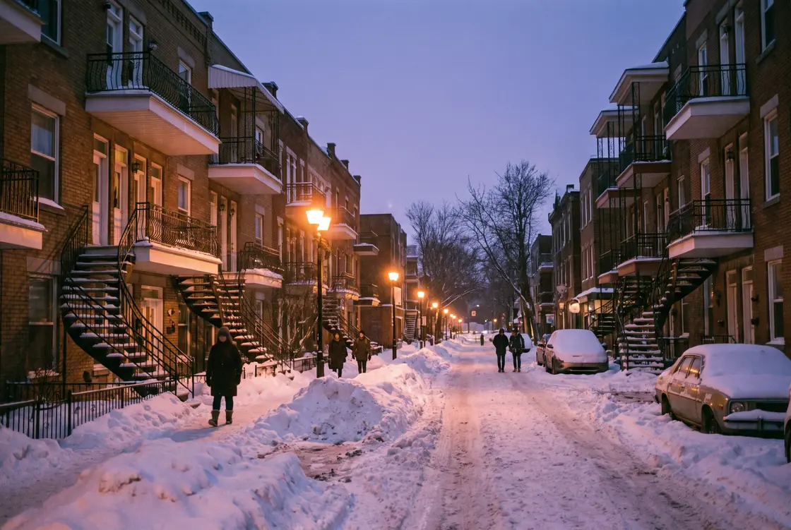 A Montréal street in winter, snowbanks along the curb and cars parked under streetlights.