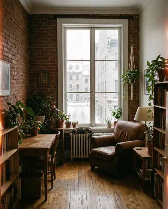 A small apartment interior with a tall window, exposed brick and plants.