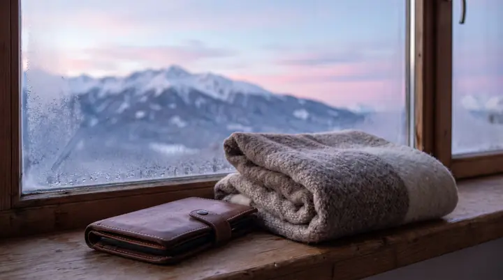 A wool scarf and travel wallet on a windowsill with a snow-covered mountain range beyond.